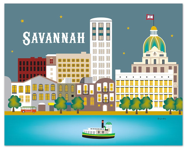 May include: A colorful illustration of the Savannah, Georgia skyline at night. The cityscape features several buildings, including a tall skyscraper, a domed building, and a ferry boat on the water. The sky is blue with yellow stars.