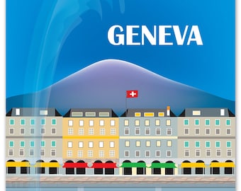 Geneva Skyline Print, Geneva Switzerland art, Geneva Print, Geneva Baby Art, Geneva Art, Geneva Print, Jet d'Eau fountain art style E8-O-GEN