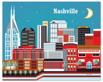 Nashville Skyline Art Print, Nashville Wall Art, Nashville Tennessee Artwork, Nashville city art print, Loose Petals Nashville, Style E8-O-NA