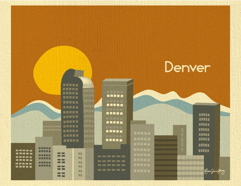 Denver Skyline Art Print, Colorado Poster, Denver Rocky Mountain Art Print, Horizontal Travel Art, Loose Petals City Art style E8-O-DEN image 2