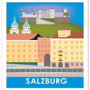 May include: A colorful illustration of the city of Salzburg, Austria. The image features a gray castle on a green hill, with yellow and orange buildings in the foreground. The text "SALZBURG" is written in blue letters at the bottom of the image.