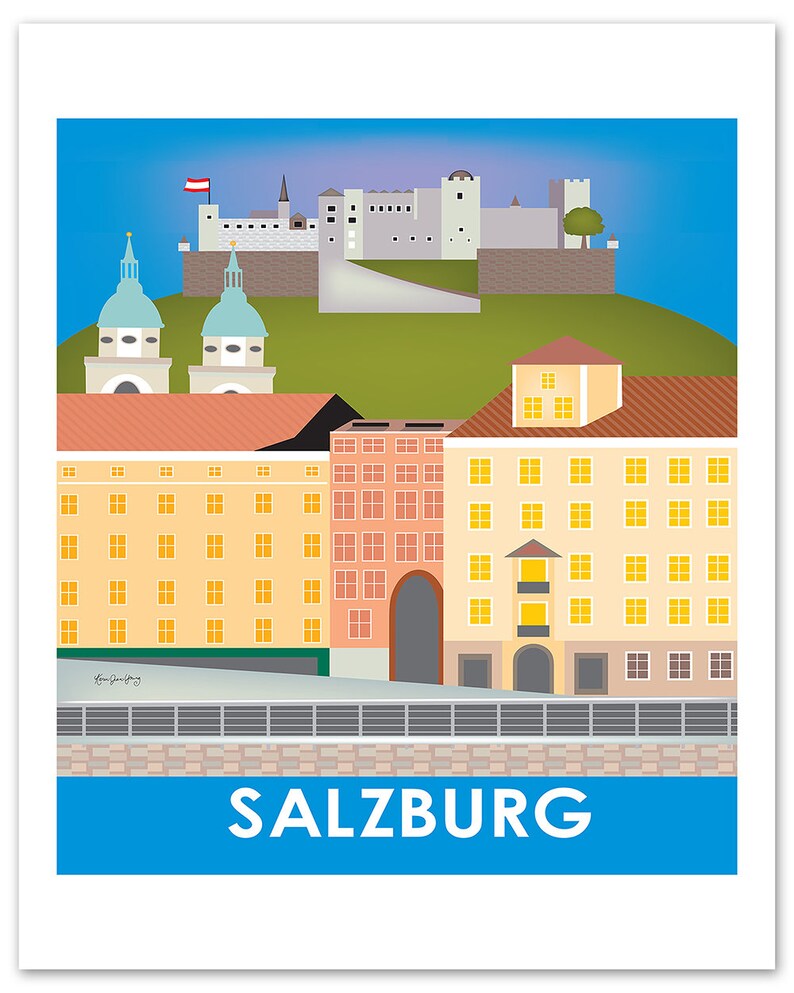 May include: A colorful illustration of the city of Salzburg, Austria. The image features a gray castle on a green hill, with yellow and orange buildings in the foreground. The text "SALZBURG" is written in blue letters at the bottom of the image.