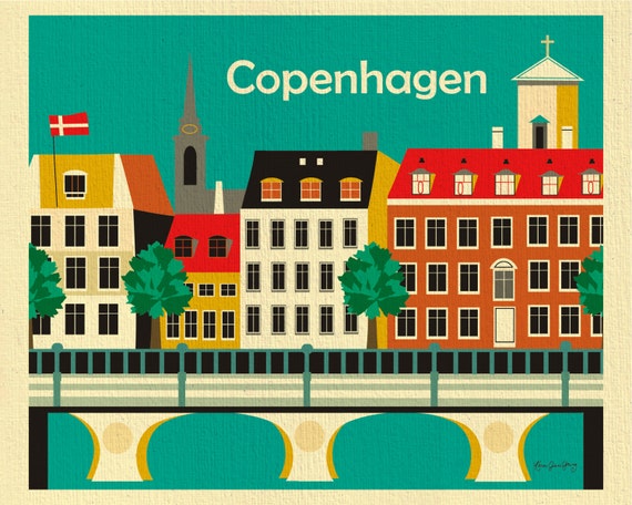 Denmark Etsy Nyahvn Print Style Travel Art, Copenhagen Poster, Horizontal Danish Wall E8-O-COP Skyline, Denmark Copenhagen Print, Retro -
