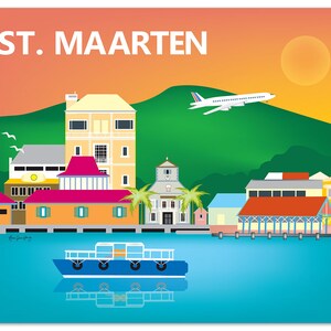 Puede incluir: Una ilustración colorida de la costa de Sint Maarten, con un ferry, una iglesia y un avión volando por encima. La escena se desarrolla con el telón de fondo de una colina verde y un cielo naranja brillante.