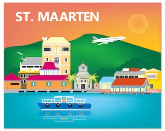 St. Maarten Art, St. Maarten Skyline Print, Phillipsburg Poster, St. Maarten  Art Gift, St.Maarten Wedding Print - style E8-O-ST-MAAR