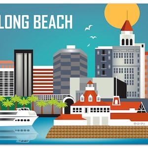Impression d'art de Long Beach CA, art mural Long Beach CA, impression horizontale de Long Beach, comté d'Orange, cadeau d'art de Long Beach - style E8-O-LO