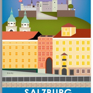 May include: A colorful illustration of the city of Salzburg, Austria. The image features a large castle on a hill, with smaller buildings in the foreground. The text "SALZBURG" is written in white letters on a blue background.