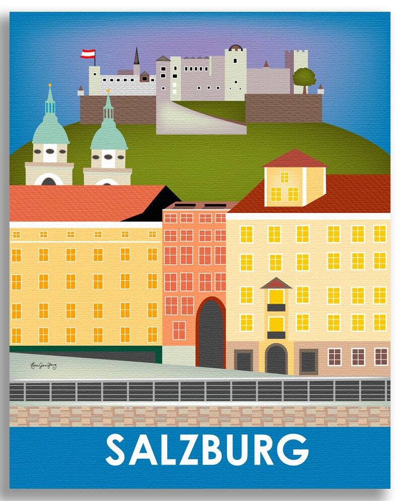 May include: A colorful illustration of the city of Salzburg, Austria. The image features a large castle on a hill, with smaller buildings in the foreground. The text "SALZBURG" is written in white letters on a blue background.