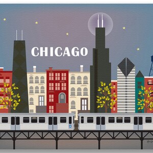 May include: A stylized illustration of the Chicago skyline at night with a train running on a bridge in the foreground. The skyline includes the Willis Tower, the John Hancock Center, and other notable buildings. The city name "CHICAGO" is written in white letters across the top of the image.