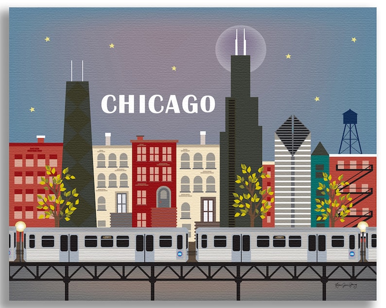May include: A stylized illustration of the Chicago skyline at night with a train running on a bridge in the foreground. The skyline includes the Willis Tower, the John Hancock Center, and other notable buildings. The city name "CHICAGO" is written in white letters across the top of the image.