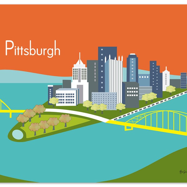 Impresión del horizonte de Pittsburgh, arte mural de Pittsburgh, obra de arte de Pittsburgh, impresión de Pittsburgh PA - estilo naranja E8-O-PIT1