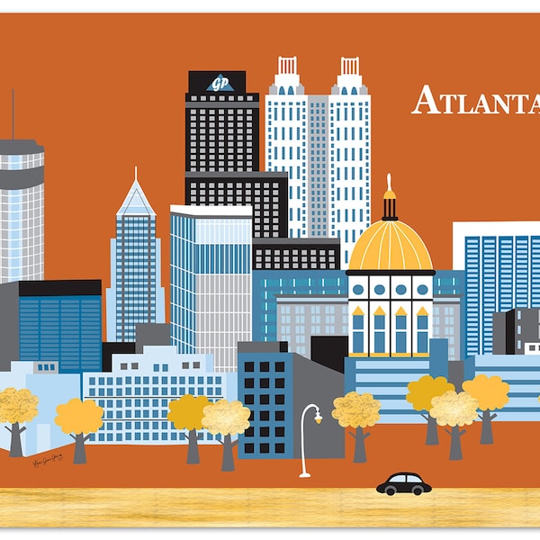 Atlanta skyline art print, Atlanta kaart, Atlanta muurkunst, Atlanta kinderdagverblijf print, Atlanta Peach cadeau, losse bloemblaadjes City Art, stijl E8-O-AT