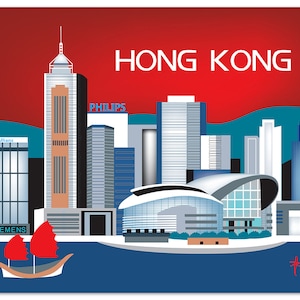 香港のスカイライン アート プリント、香港の地図プリント、香港の壁アート、香港、中国、香港の水平、ルーズ ペタル、スタイル E8-O- HK