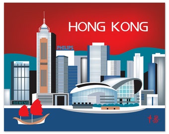 Hong Kong Skyline Art Print, Hong Kong Map Print,  Hong Kong Wall Art, Hong Kong, China, Hong Kong horizontal, Loose Petals, style E8-O- HK