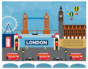 London print, London Horizontal Skyline Art, London Decor, London Nursery Print, London baby, UK Gift, Retro British Art style E8-O-LON