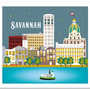 May include: A colorful illustration of the Savannah, Georgia skyline at night. The cityscape features several buildings, including a tall skyscraper, a domed building, and a ferry boat in the water. The sky is blue with yellow stars.