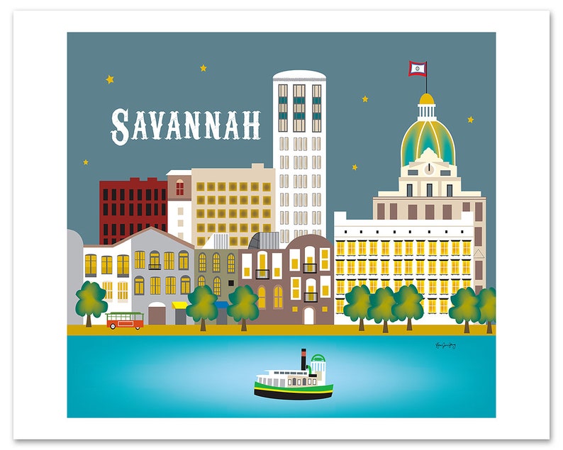 May include: A colorful illustration of the Savannah, Georgia skyline at night. The cityscape features several buildings, including a tall skyscraper, a domed building, and a ferry boat in the water. The sky is blue with yellow stars.