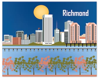 Richmond Skyline Print, Virginia State Art,  Richmond VA Wall Art, Richmond Horizontal Office Poster, Nursery Art, VA Art - style E8-O-RIC