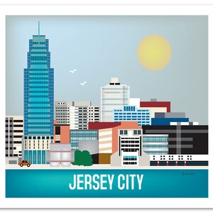 May include: A colorful illustration of the Jersey City skyline with a bright yellow sun in the sky. The tallest building is blue and has many windows. The other buildings are various colors and heights. The text "JERSEY CITY" is at the bottom of the image.
