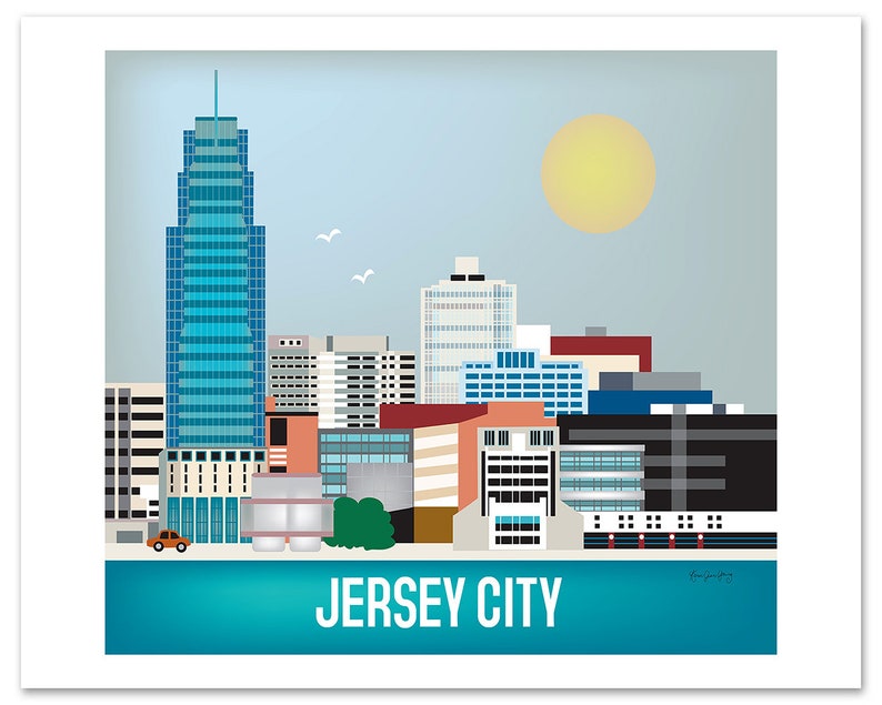 May include: A colorful illustration of the Jersey City skyline with a bright yellow sun in the sky. The tallest building is blue and has many windows. The other buildings are various colors and heights. The text "JERSEY CITY" is at the bottom of the image.