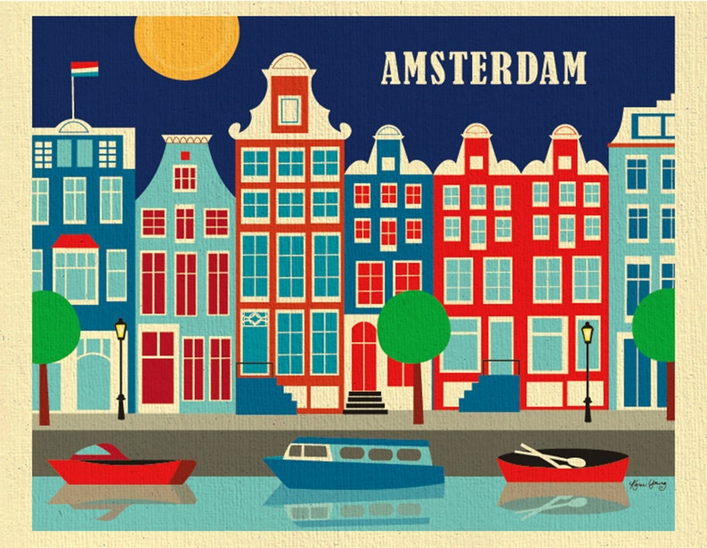 Amsterdam Print, Amsterdam Poster, Amsterdam Wall Art, Amsterdam Holland Retro Travel Art, Dutch Print, Holland Art Print style E8-O-AMS image 2