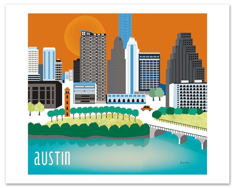 Austin Skyline Art Print, Austin Map, Austin poster, Texas Poster, Austin Nursery Art, Loose Petals Texas City Art Print style E8-O-AU image 3