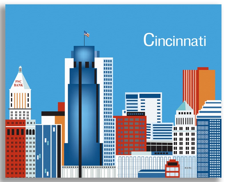 Cincinnati Skyline Print, Ohio Wall Art, Cincinnati horizontal Print, Cincinnati Gift, Cincinnati Ohio Decor, Cincinnati art style E8-O-CI image 4