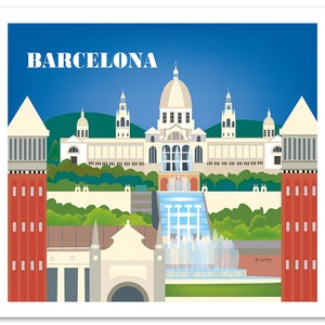 May include: A colorful illustration of the Barcelona skyline featuring the National Palace of Montju&iuml;c, the Magic Fountain, and two red towers. The text "BARCELONA" is displayed in white letters at the top of the image.