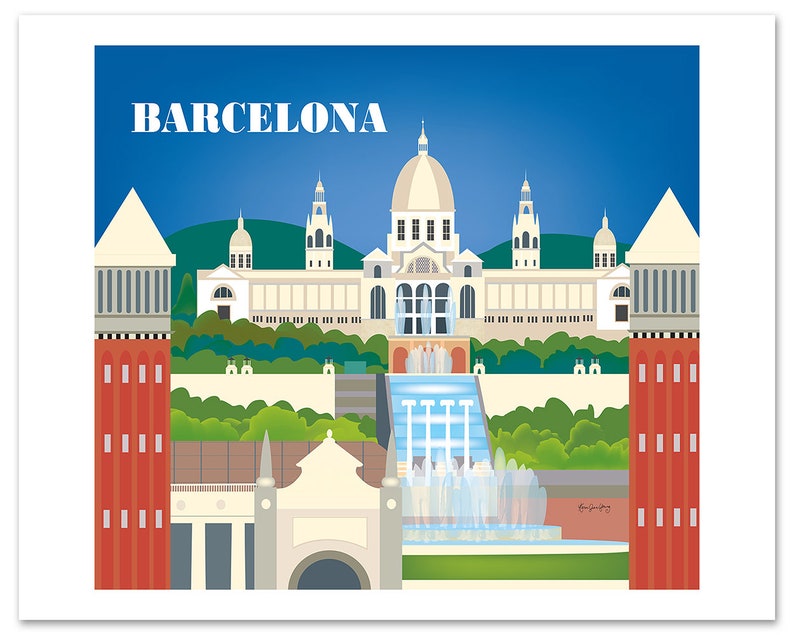 May include: A colorful illustration of the Barcelona skyline featuring the National Palace of Montju&iuml;c, the Magic Fountain, and two red towers. The text "BARCELONA" is displayed in white letters at the top of the image.