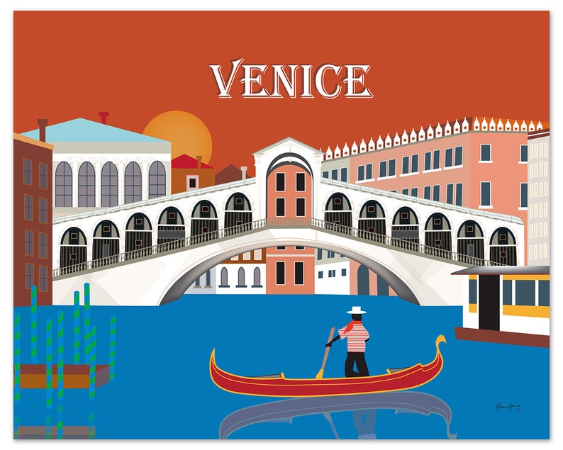 May include: A colorful illustration of Venice, Italy, with a gondola on a canal, a bridge, and buildings. The text "VENICE" is at the top of the image.