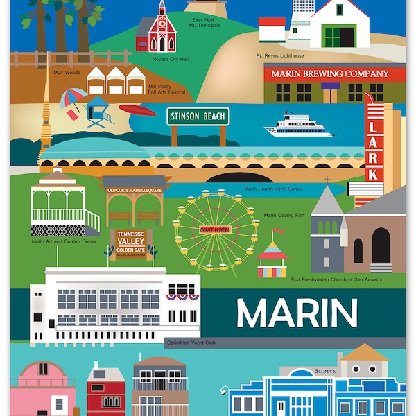 Marin County Map Print, Marin Skyline, California Vertical Collage Print, Marin County Wall Art, Marin Nursery, Loose Petals, style E8-O-MAR