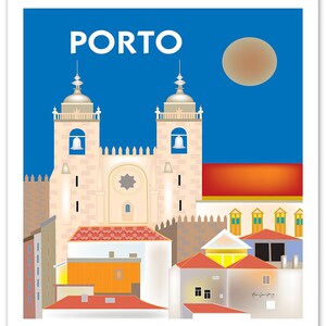 May include: A colorful illustration of the Porto Cathedral in Portugal, with the word "PORTO" in white text at the top of the image. The cathedral is depicted in a light beige color with red tile roofs, and the sky is a bright blue with a large orange sun.