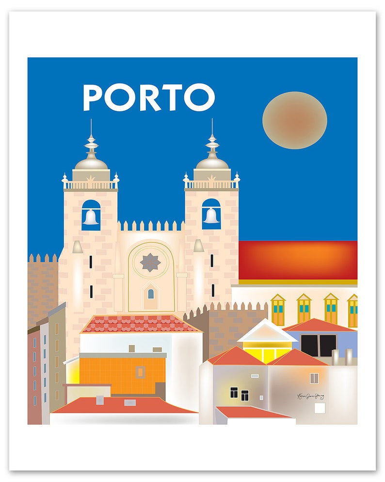 May include: A colorful illustration of the Porto Cathedral in Portugal, with the word "PORTO" in white text at the top of the image. The cathedral is depicted in a light beige color with red tile roofs, and the sky is a bright blue with a large orange sun.