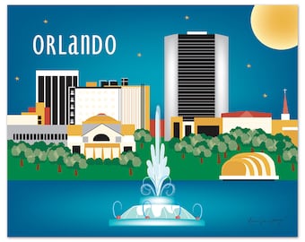 Orlando, Florida Print, Orlando Skyline, Florida Travel Art Print, Blue Orlando FL horizontal print, Loose Petals Art Gift - style E8-O-ORL