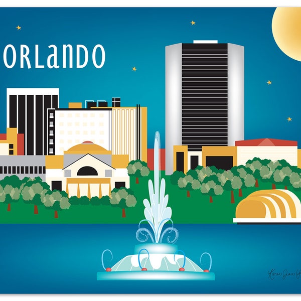 Tornola, Florida Druck,Orlando Skyline, Florida Reise Kunstdruck, Blau Knöpfe, Lose Blütenblätter Kunst Geschenk - style E8-O-ORL