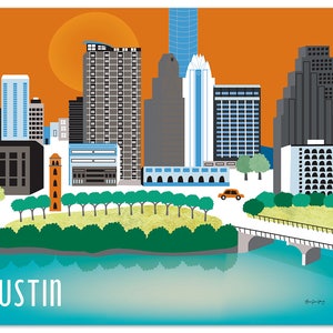 Austin Skyline Art Print, Austin Map, Austin poster, Texas Poster, Austin Nursery Art, Loose Petals Texas City Art Print style E8-O-AU image 1