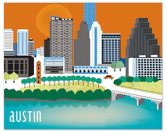 Austin Skyline Art Print, Austin Map,  Austin poster, Texas Poster, Austin Nursery Art, Loose Petals Texas City Art Print - style E8-O-AU