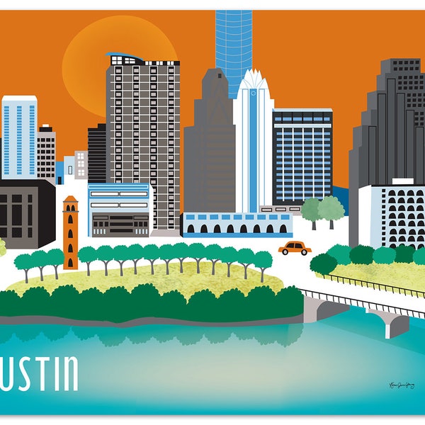 Impresión artística del horizonte de Austin, mapa de Austin, póster de Austin, póster de Texas, arte infantil de Austin, impresión artística de la ciudad de Texas con pétalos sueltos - estilo E8-O-AU