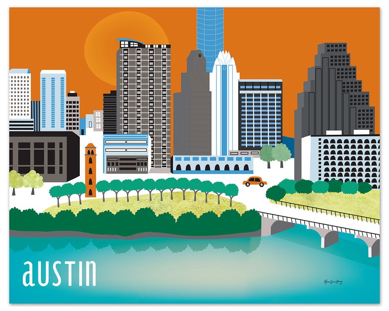 Austin Skyline Art Print, Austin Map, Austin poster, Texas Poster, Austin Nursery Art, Loose Petals Texas City Art Print style E8-O-AU image 1