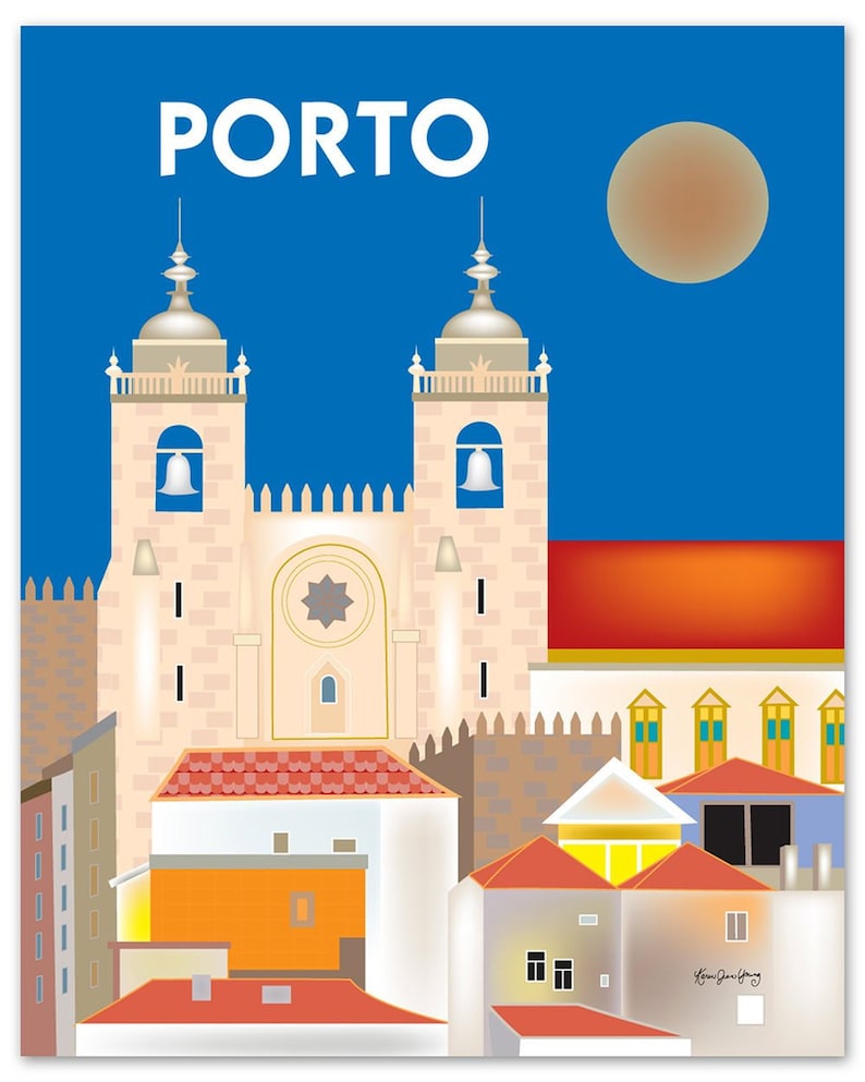 May include: A colorful illustration of the Porto Cathedral in Portugal, with a large moon in the sky. The cathedral is a pale yellow with red tile roofs and a large, ornate window. The city of Porto is written in white letters at the top of the image.