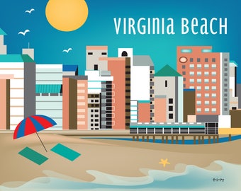 Impression d'art sur la ligne d'horizon de Virginia Beach, horizontale, art mural en Virginie, affiche de voyage en Virginie, cadeau de Virginia Beach, cadeau de ville pétales en vrac - E8-O-VB