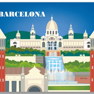May include: A colorful illustration of the Barcelona skyline featuring the National Art Museum of Catalonia, a fountain, and two red towers. The text "BARCELONA" is at the top of the image.