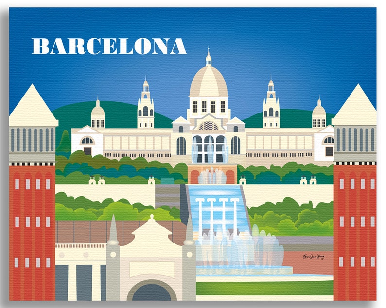 May include: A colorful illustration of the Barcelona skyline featuring the National Art Museum of Catalonia, a fountain, and two red towers. The text "BARCELONA" is at the top of the image.
