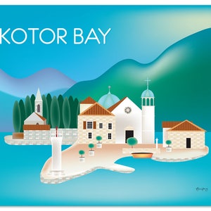 Impression d'art sur la ligne d'horizon de la baie de Kotor, impression du Monténégro, art mural du Monténégro, impression horizontale de la baie de Kotor, art des Balkans, style européen E8-O-KOT