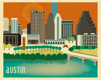 SALE Austin Skyline Art Print, Austin Map,  Austin poster, Texas Poster, Austin Nursery Art,  Texas City Art Print - style E8-O-AU