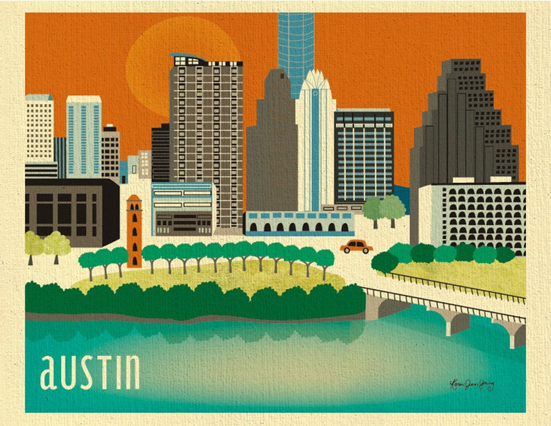 Austin Skyline Art Print, Austin Map, Austin poster, Texas Poster, Austin Nursery Art, Loose Petals Texas City Art Print style E8-O-AU image 2