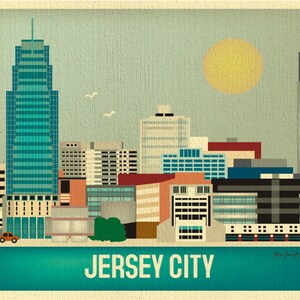 May include: A retro-style illustration of the Jersey City skyline, featuring a tall blue skyscraper and other buildings against a light blue sky with a yellow sun.