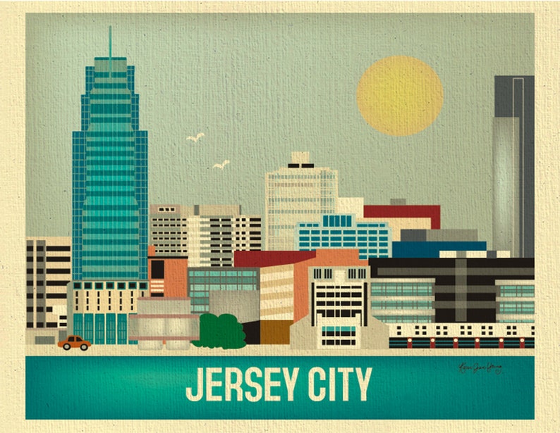 May include: A retro-style illustration of the Jersey City skyline, featuring a tall blue skyscraper and other buildings against a light blue sky with a yellow sun.