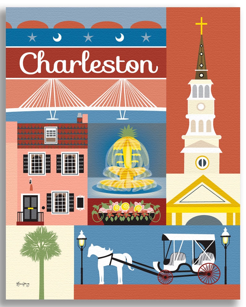 Charleston SC Art, Charleston SC map, Charelston sc skyline print, Charleston Rainbow Row art print, Charelston sc art style E8-O-CHARL image 4