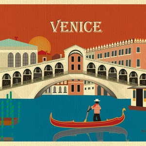 May include: A vintage postcard illustration of Venice, Italy. The image features a gondola on a canal with a bridge in the background. The text "VENICE" is printed in large letters at the top of the postcard.